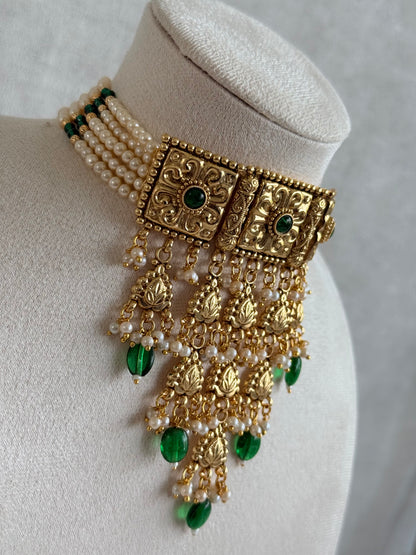 Ayura Designs Nimrah Choker Set with Earrings & Tikka – Emerald Green Gold Tone Waterfall Jewellery Set