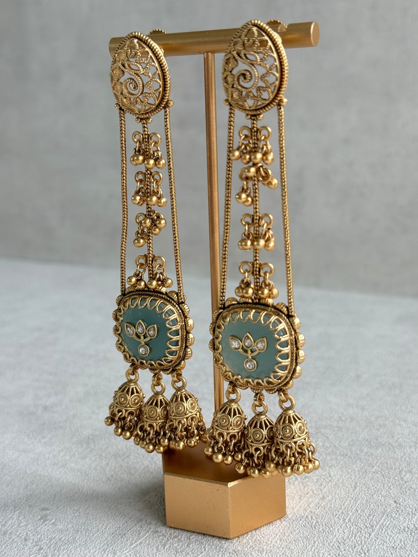 Ayura Designs Ihana Earrings – Mint Green Enamel with Kundan, Ghungroo & Jhumki Detailing