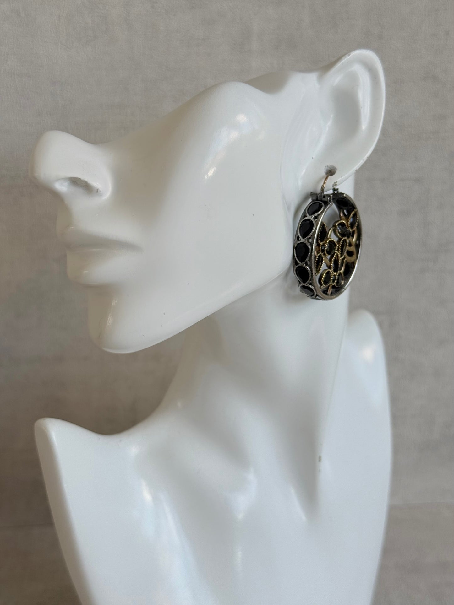 Ayura Designs Nureh Earrings – Dual Tone Floral Hoop Earrings with Black Stones & Cutwork Detailing