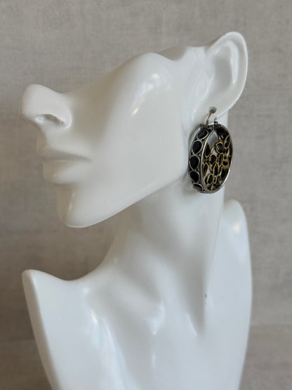 Ayura Designs Nureh Earrings – Dual Tone Floral Hoop Earrings with Black Stones & Cutwork Detailing