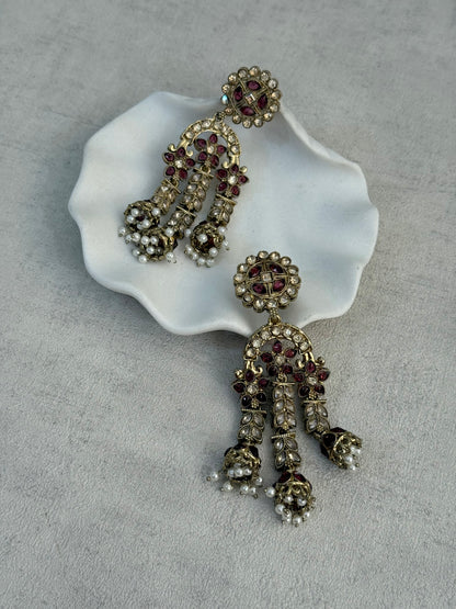 Ayura Designs Soraya Earrings – Deep Berry Stones, Champagne Crystals, Pearl Detailing & Gold Finish
