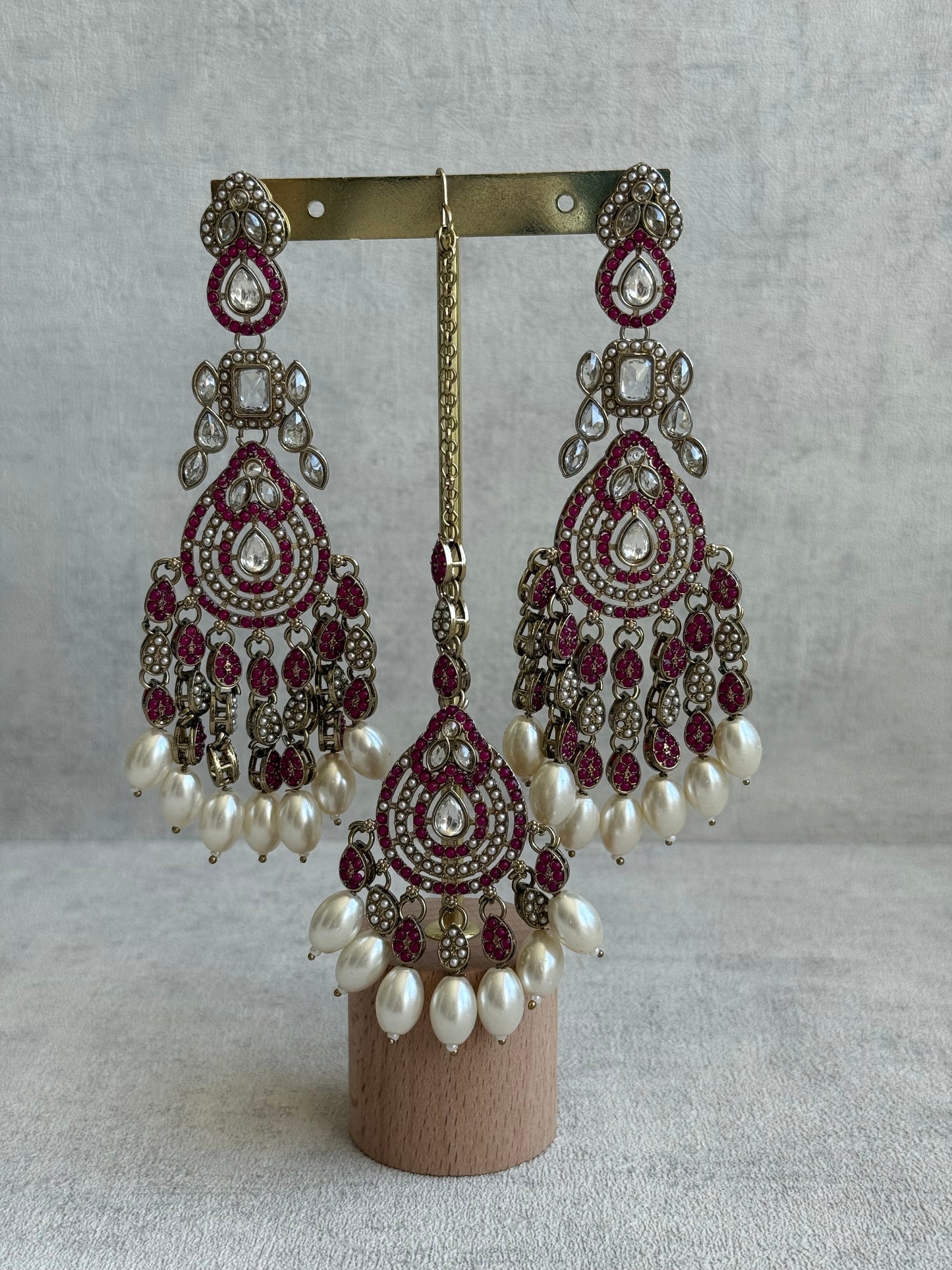 Ayura Designs Riwaayat Set with Necklace, Earrings, Tikka & Passa – Fuchsia Stones, Mirror-Cut Detailing & Ivory Pearl Drops