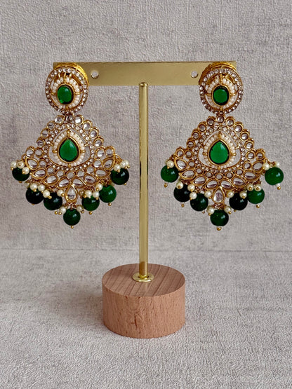 Ayura Designs Janvi Set with Necklace, Earrings & Tikka – Kundan Detailing, Emerald Green Beads & Pearls Drops
