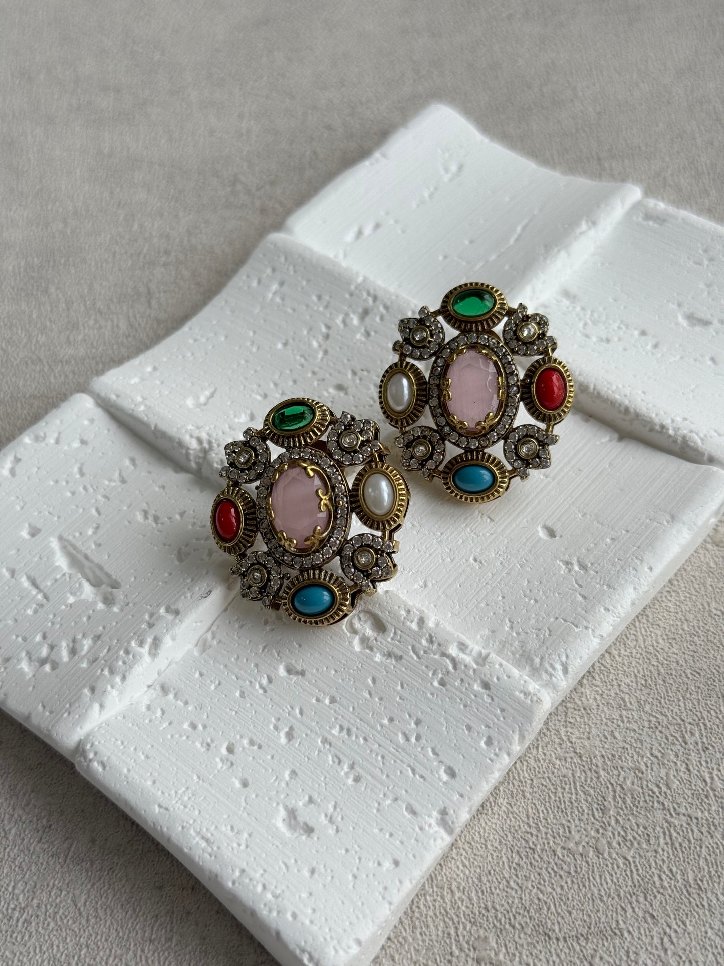 Ayura Designs Celia Stud Earrings – Blush Pink & Multicolour Stones with Gold Finish