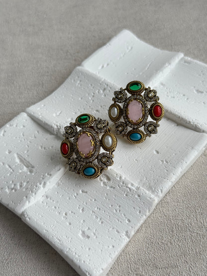 Ayura Designs Celia Stud Earrings – Blush Pink & Multicolour Stones with Gold Finish