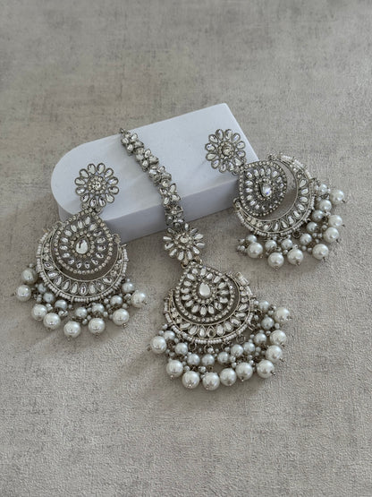 Ayura Designs Seher Tikka & Earrings Set – Radiant Silver with Luminous White Pearls