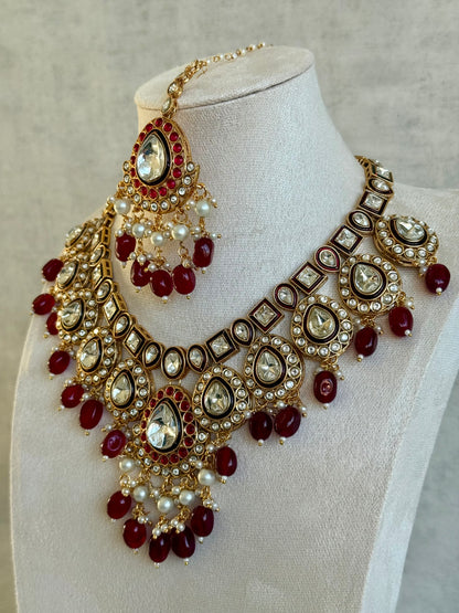 Ayura Designs Ishyat Set with Necklace, Earrings & Tikka – Kundan Detailing, Ruby Red Drops & Ivory Pearls