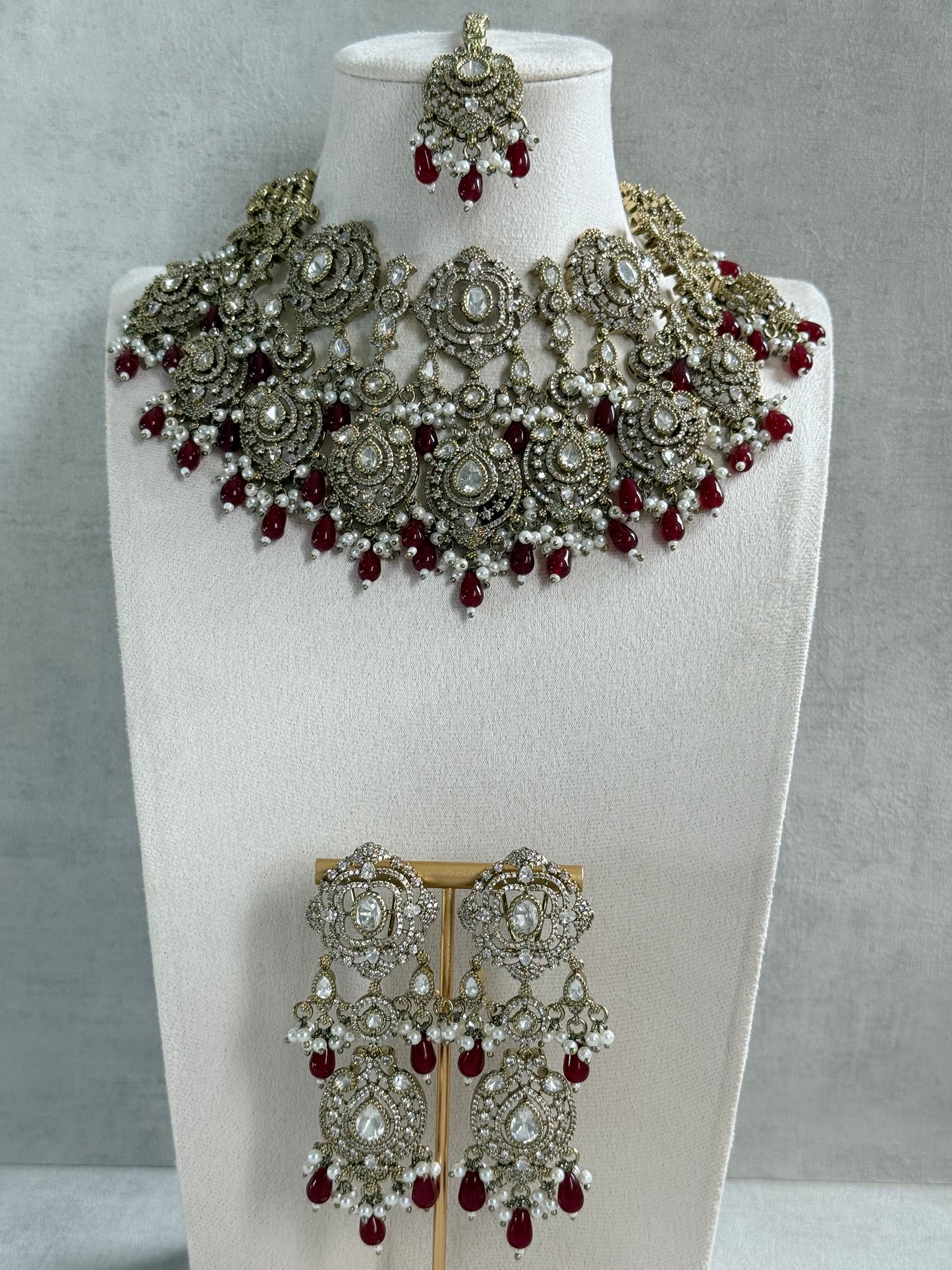 Ayura Designs Fazal Set with Necklace, Earrings & Tikka – Ruby Red Drops, Pearl Detailing & Moissanite Stonework