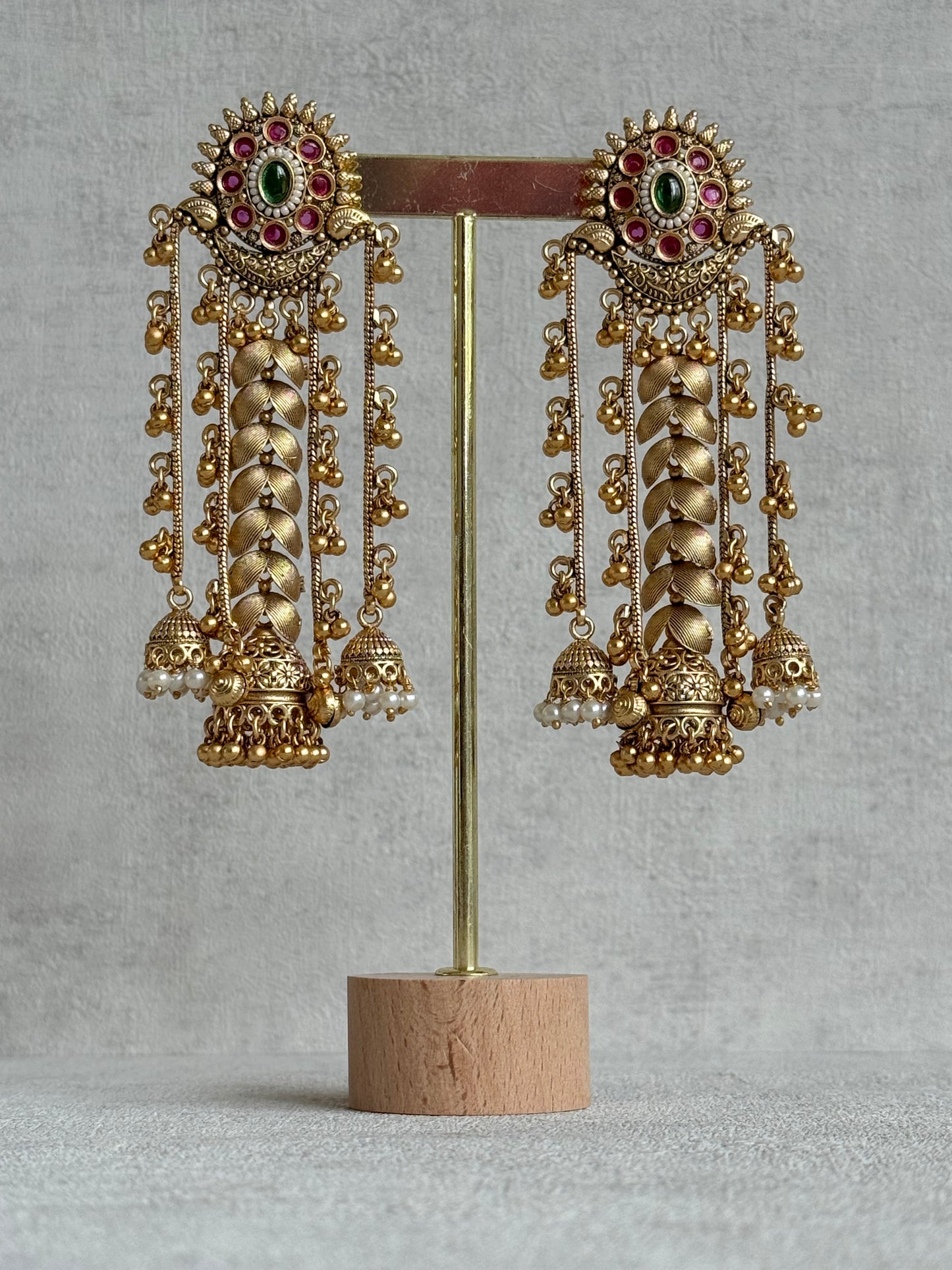 Ayura Designs Ishya Jhumkis – Gold Ghungroo Chain Earrings with Ruby Pink & Green Kundan