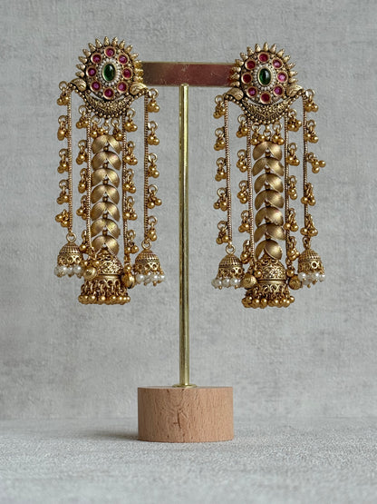 Ayura Designs Ishya Jhumkis – Gold Ghungroo Chain Earrings with Ruby Pink & Green Kundan