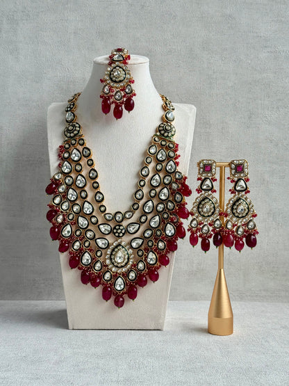 Ayura Designs Zahira Bridal Set with Necklace, Earrings & Tikka – Kundan Detailing with Green Enamel, Ruby Pink Stones & Maroon Bead Drops