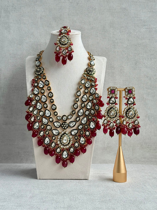 Ayura Designs Zahira Bridal Set with Necklace, Earrings & Tikka – Kundan Detailing with Green Enamel, Ruby Pink Stones & Maroon Bead Drops