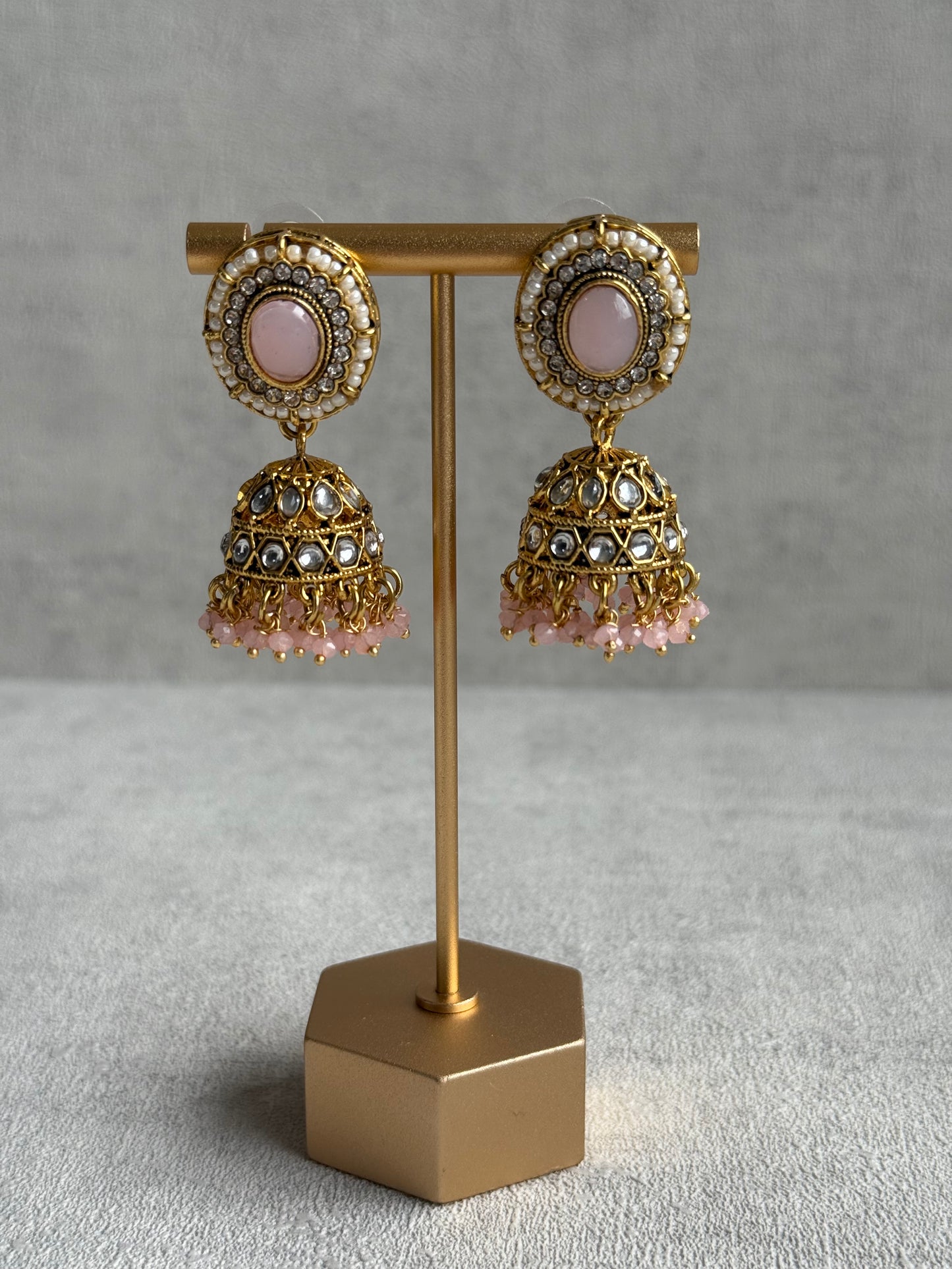 Ayura Designs Muskaan Set – Choker, Jhumkis & Tikka with Blush Pink Beads, Kundan Stones & Antique Gold Finish