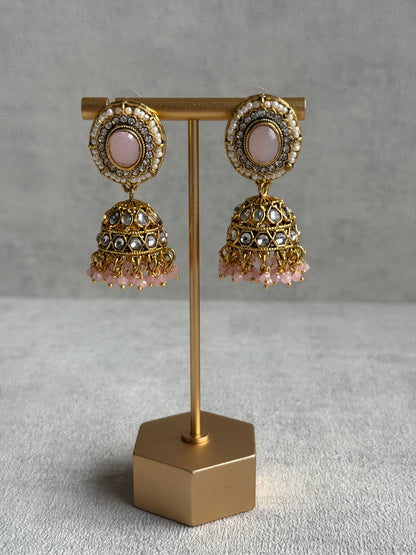Ayura Designs Muskaan Set – Choker, Jhumkis & Tikka with Blush Pink Beads, Kundan Stones & Antique Gold Finish