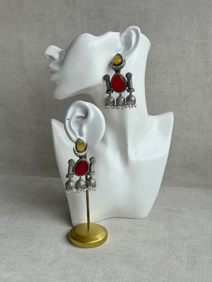 Ayura Designs Qissa Earrings – Oxidised Triple Jhumki Earrings with Ruby Red Stones & Pearl Detailing