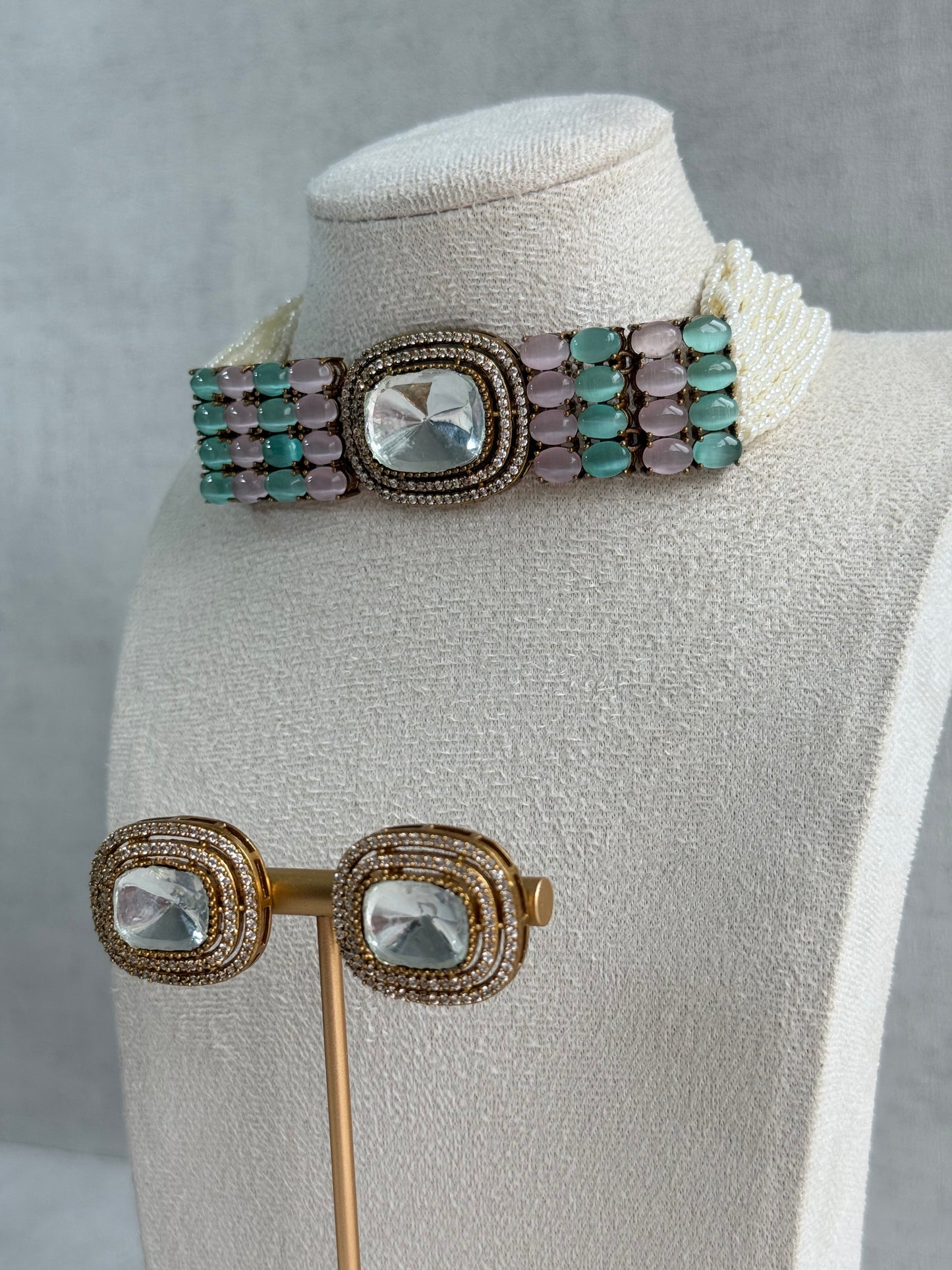Ayura Designs Emma Choker Set – Mint Green & Blush Pink Gemstone Choker & Studs with Mirror-Cut Centrepiece, Pearl Strands & Crystal Borders