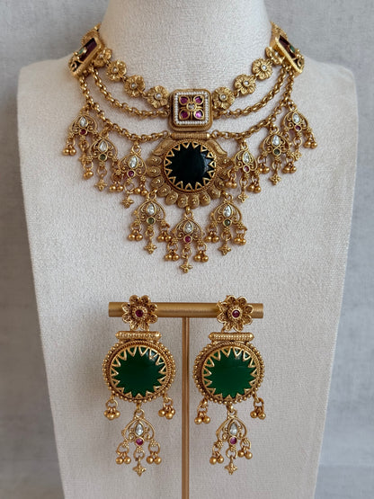 Ayura Designs Bolavi Necklace Set with Earrings – Green Stones, Kundan & Ghungroo Detailing