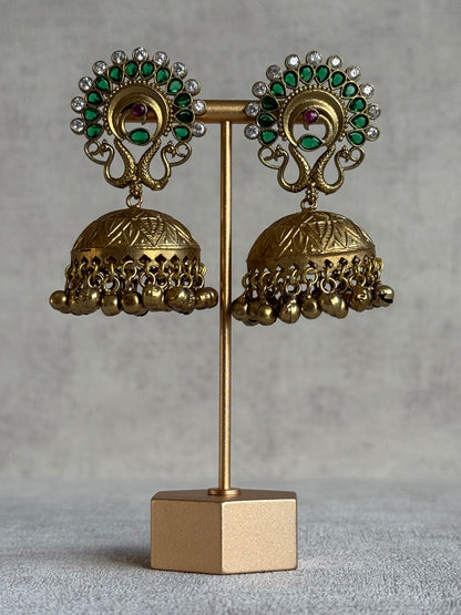 Ayura Designs Moraya Jhumkis – Emerald Green Peacock Motif with Antique Gold Detailing