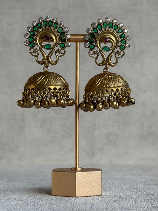 Ayura Designs Moraya Jhumkis – Emerald Green Peacock Motif with Antique Gold Detailing