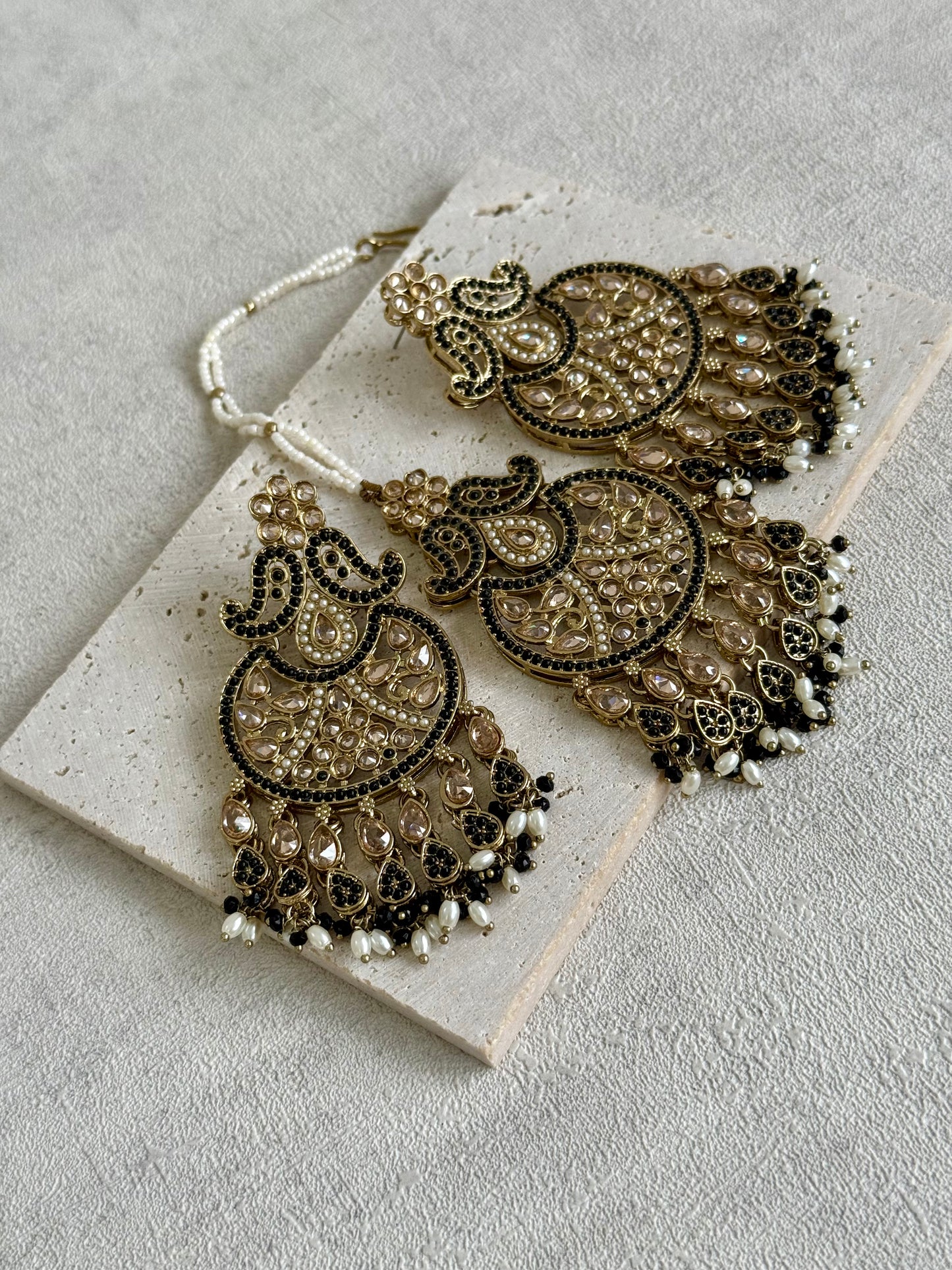 Ayura Designs Anvi Tikka Set with Earrings – Black with Champagne Stones & Pearl Drops