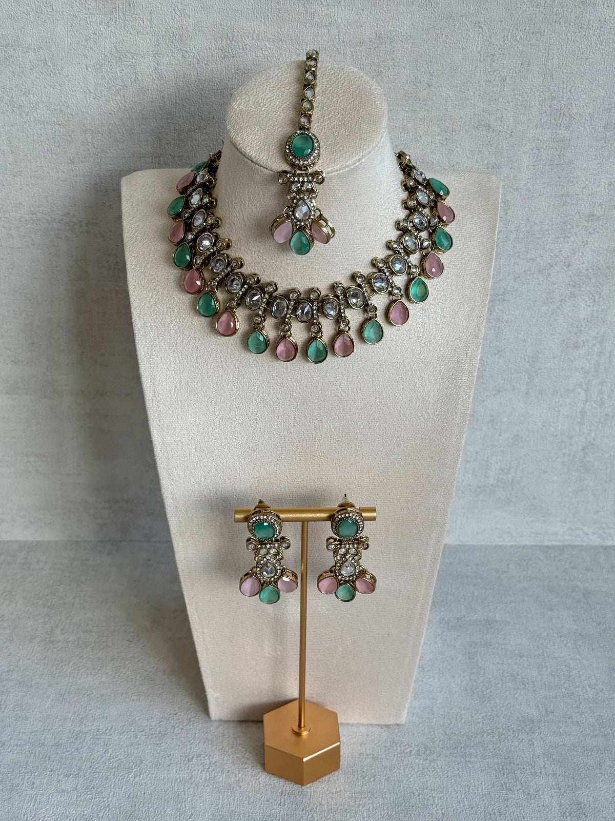 Ayura Designs Ava Necklace Set with Earrings & Tikka – Mint Green & Blush Pink Stone Necklace Set in Antique Gold Finish