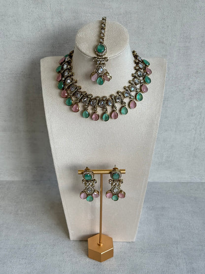 Ayura Designs Ava Necklace Set with Earrings & Tikka – Mint Green & Blush Pink Stone Necklace Set in Antique Gold Finish