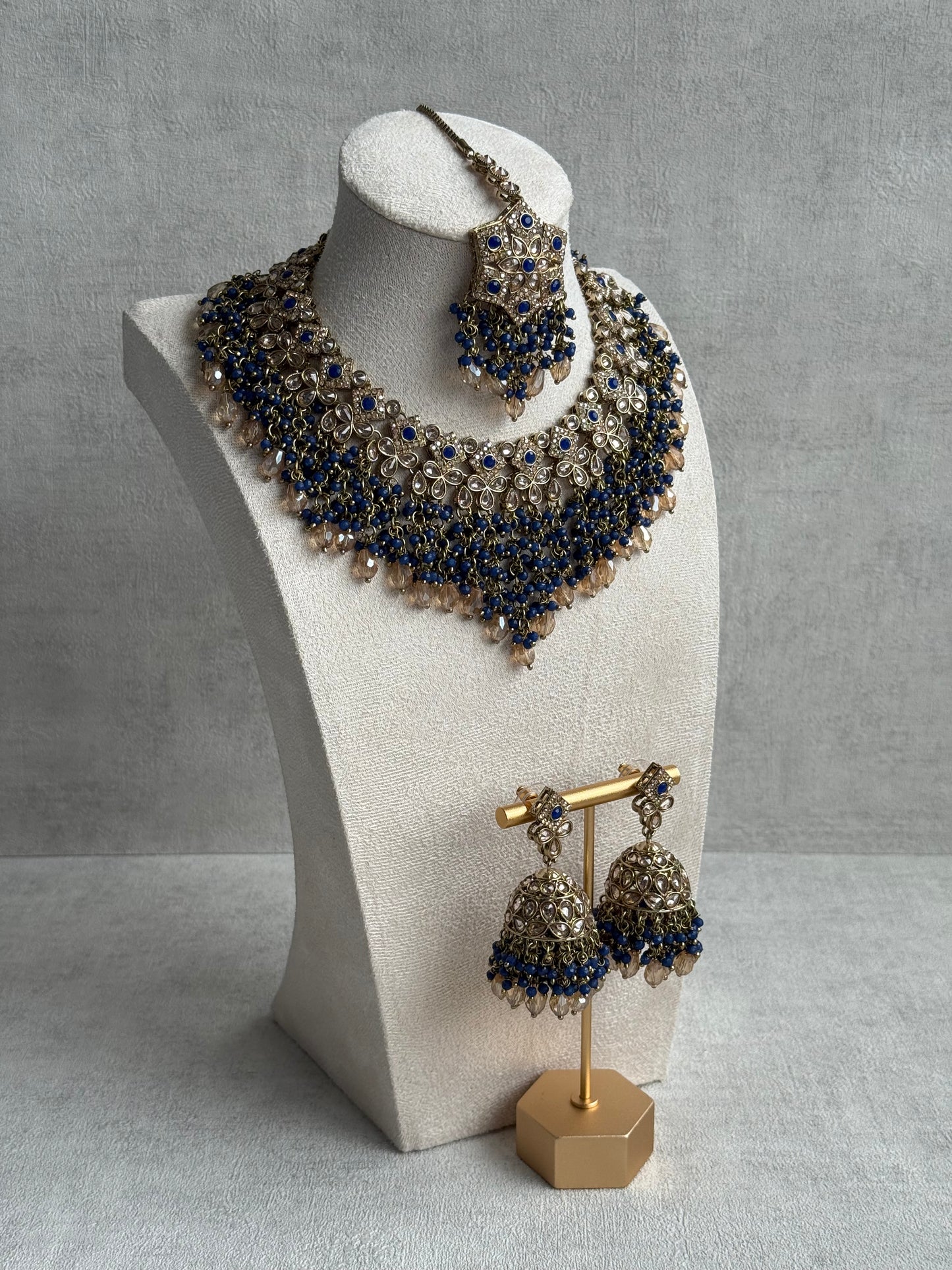 Ayura Designs Rayna Set with Necklace & Tikka – Champagne Crystals, Ink Blue Beads & Antique Gold Finish