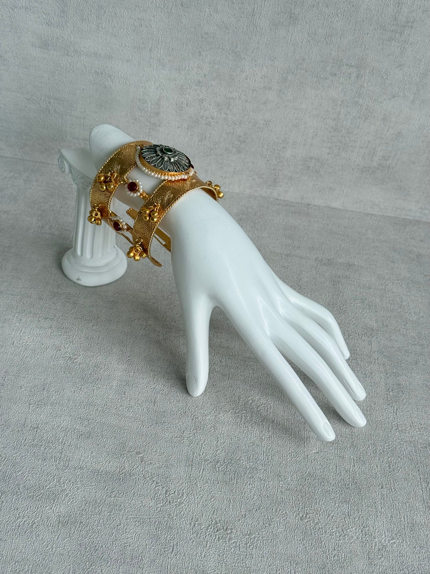 Ayura Designs Omita Adjustable Kashmiri Cuff Bracelet – Floral Medallion with Pearl, Ruby & Emerald Detailing