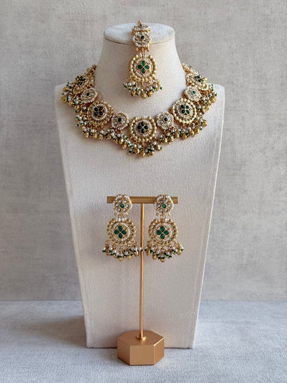 Ayura Designs Manika Necklace Set with Earrings & Tikka – Gold Finish with Emerald Green Stones, Pearls & Ghungroos