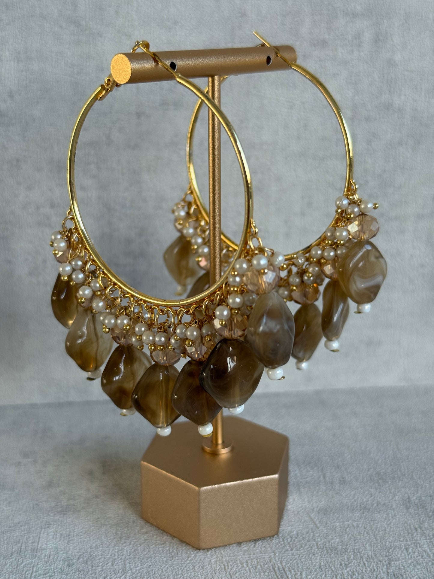 Ayura Designs Heer Balis – Gold Hoops with Mocha Marble Beads, Pearls & Crystal Detailing