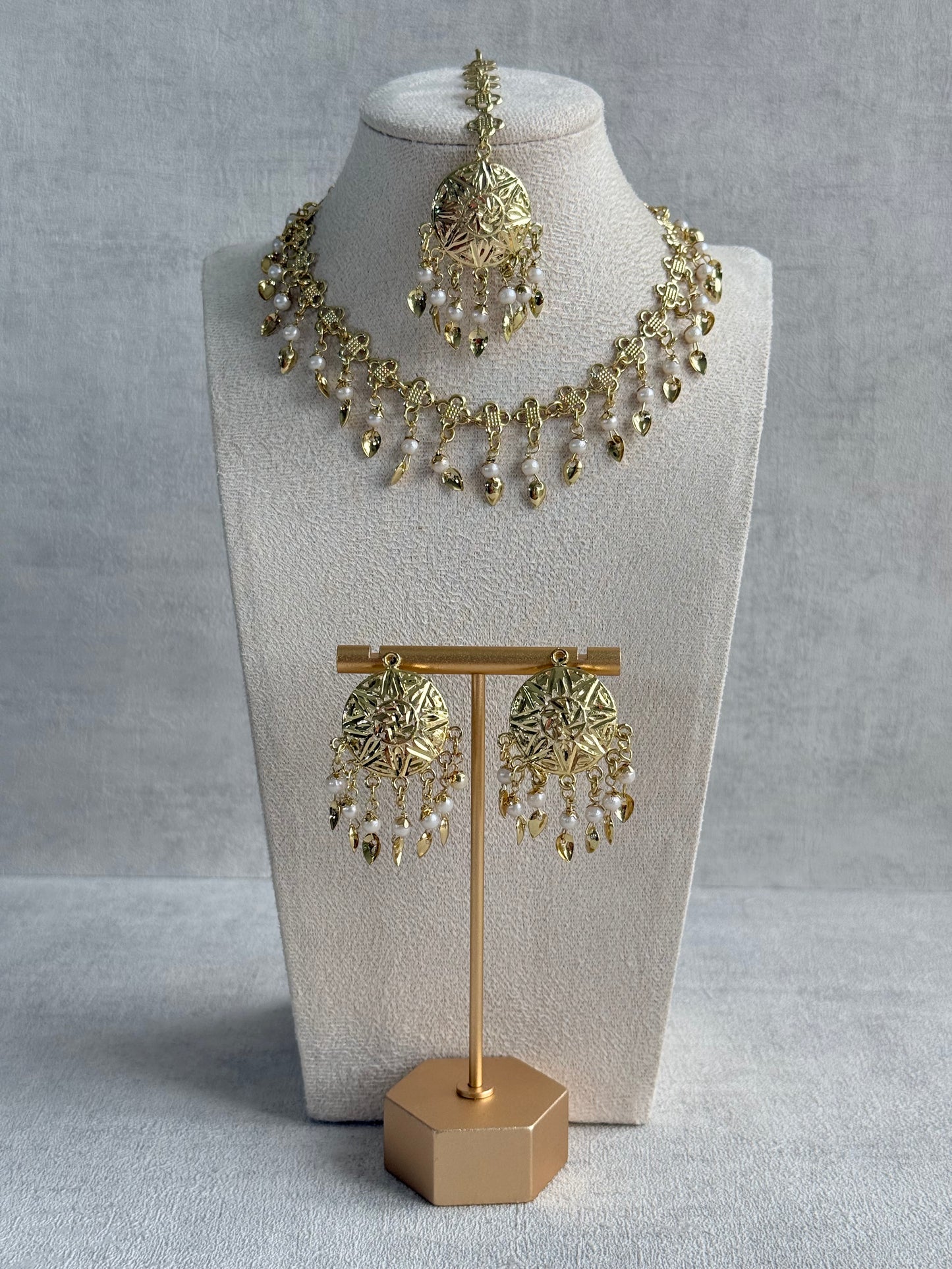 Ayura Designs Rupal Necklace Set with Earrings & Tikka – Gold Finish with Pearls & Pippal Patti Detailing