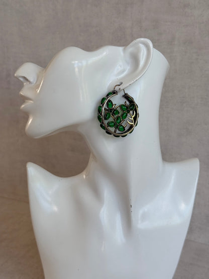 Ayura Designs Nureh Earrings – Dual Tone Floral Hoop Earrings with Emerald Green Stones & Cutwork Detailing