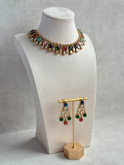 Ayura Designs Sylvie Necklace Set with Earrings – Gold Finish with Moissanite Crystals & Multicolour Stones