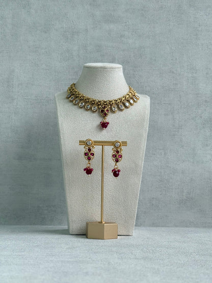 Ayura Designs Perniya Set with Necklace & Earrings – Mirror-Cut Stones with Rani Pink Accents in Antique Gold Finish