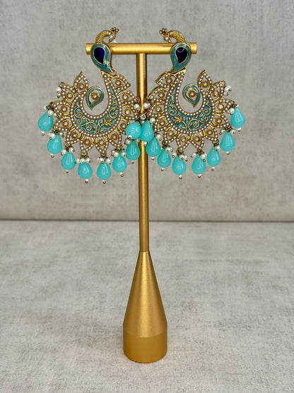 Ayura Designs Moorni Earrings – Peacock-Inspired Chandbalis with Aqua Blue Meenakari, Kundan, and Pearl Accents