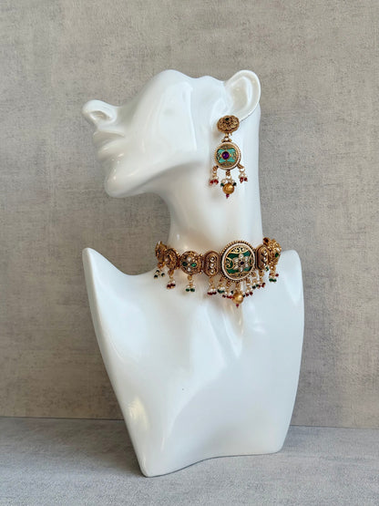 Ayura Designs Haya Choker Set with Stud Earrings – Emerald Enamel with Rani Pink Stones and Pearl Drop Detailing