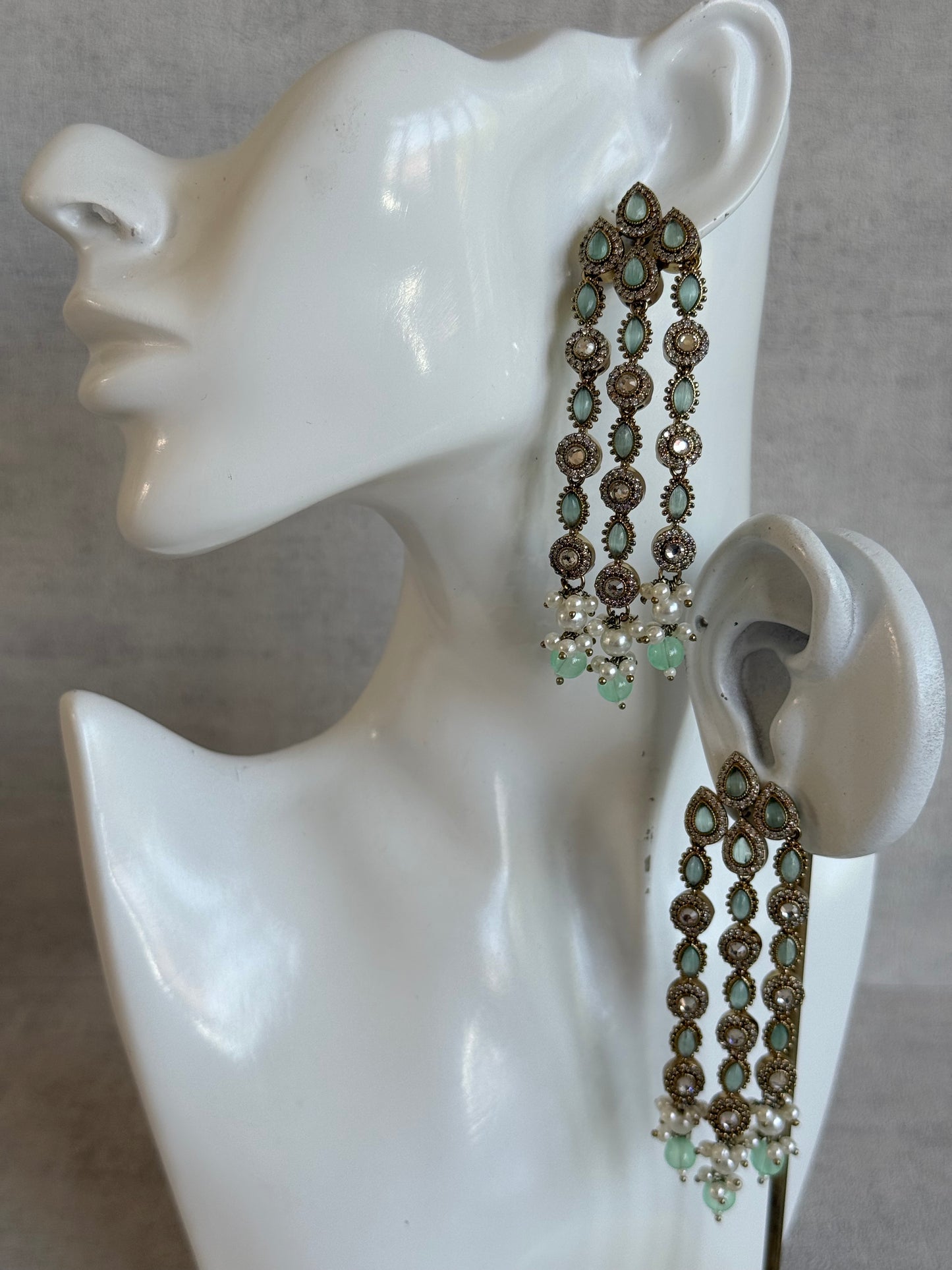 Ayura Designs Emilia Earrings – Gold Triple Strand Statement Earrings with Mint Green Stones & Pearl Drops