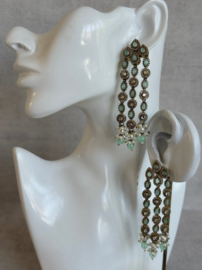 Ayura Designs Emilia Earrings – Gold Triple Strand Statement Earrings with Mint Green Stones & Pearl Drops
