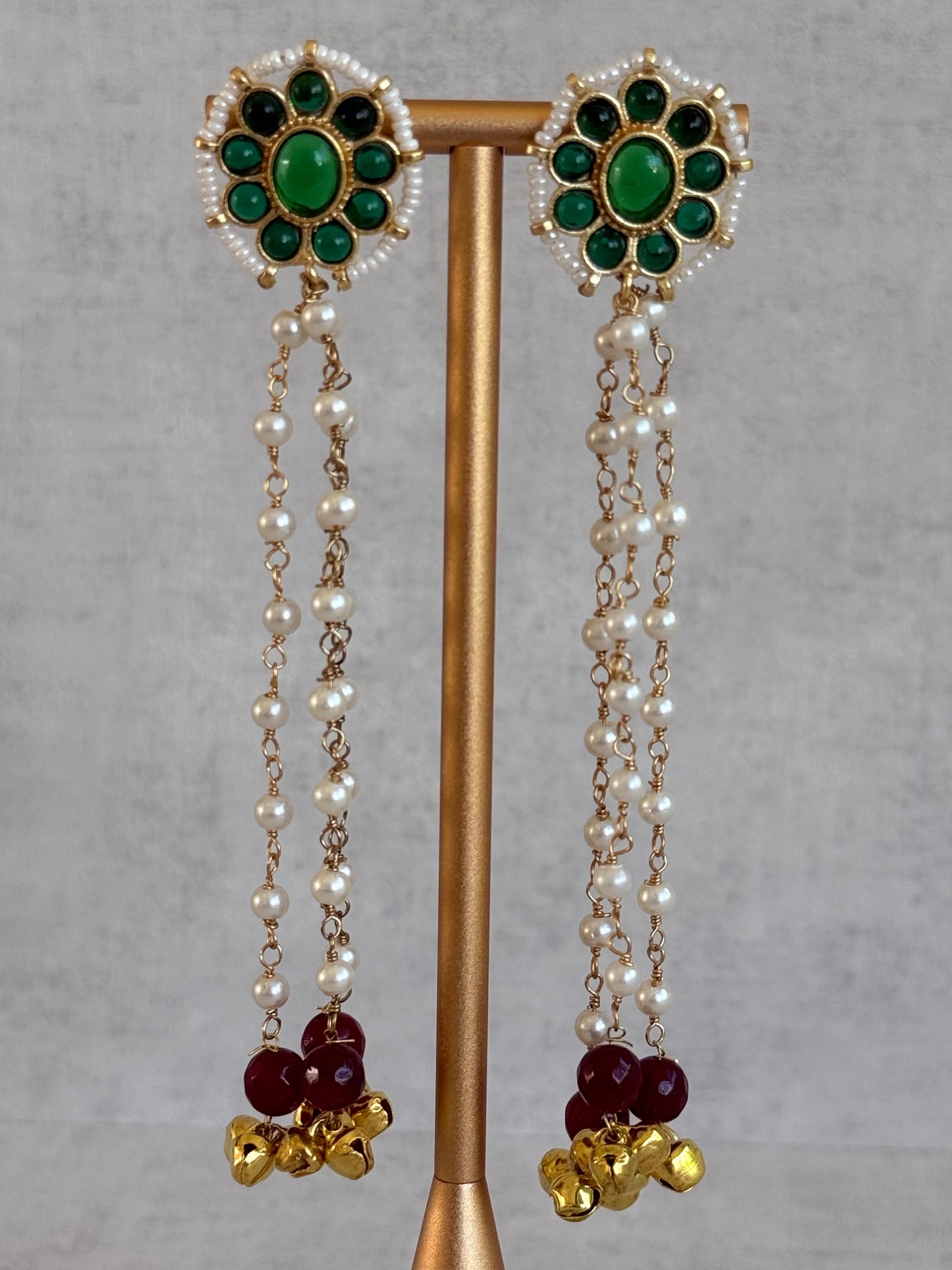 Ayura Designs Noorzar Earrings – Duster Earrings with Emerald Green Stones, Ruby Red Beads & Pearl Chains