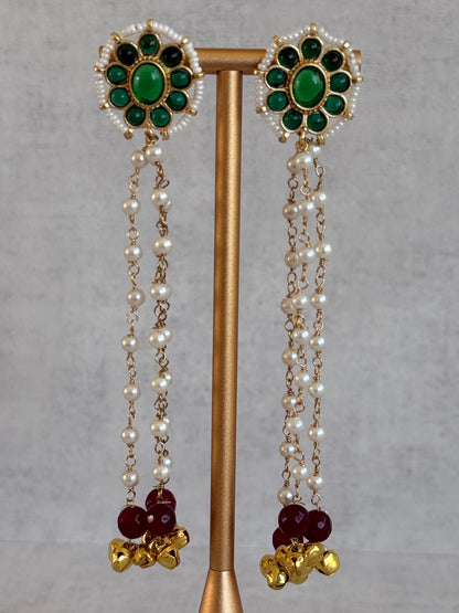 Ayura Designs Noorzar Earrings – Duster Earrings with Emerald Green Stones, Ruby Red Beads & Pearl Chains
