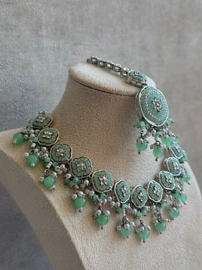 Ayura Designs Nomal Set with Earrings & Tikka – Mint Green Beads, Pearl Detailing & Silver Finish