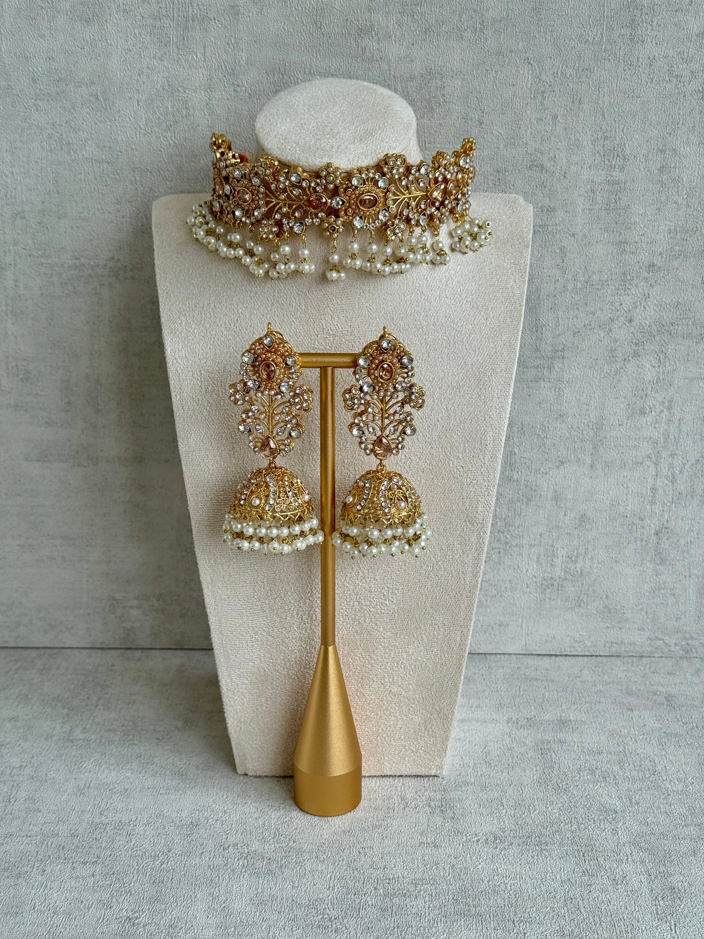 Ayura Designs Afsana Choker Set with Jhumkis – Mirror-Cut Polki, Ivory Pearls & Antique Gold Finish