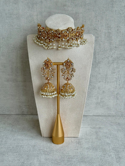 Ayura Designs Afsana Choker Set with Jhumkis – Mirror-Cut Polki, Ivory Pearls & Antique Gold Finish