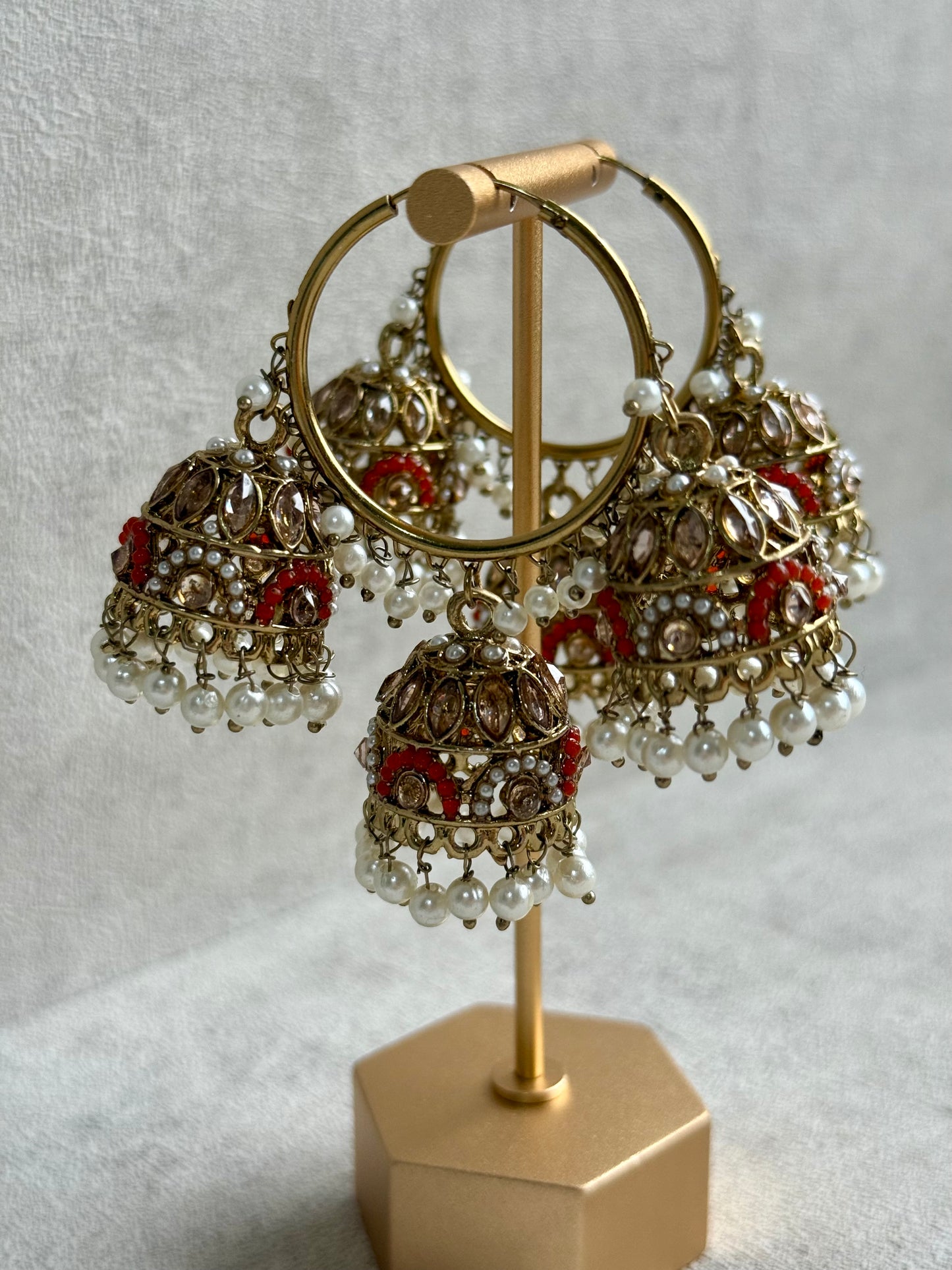 Ayura Designs Nakhra Balis – Orange Triple Dome Earrings with Mirror-Cut Stones & Pearl Detailing