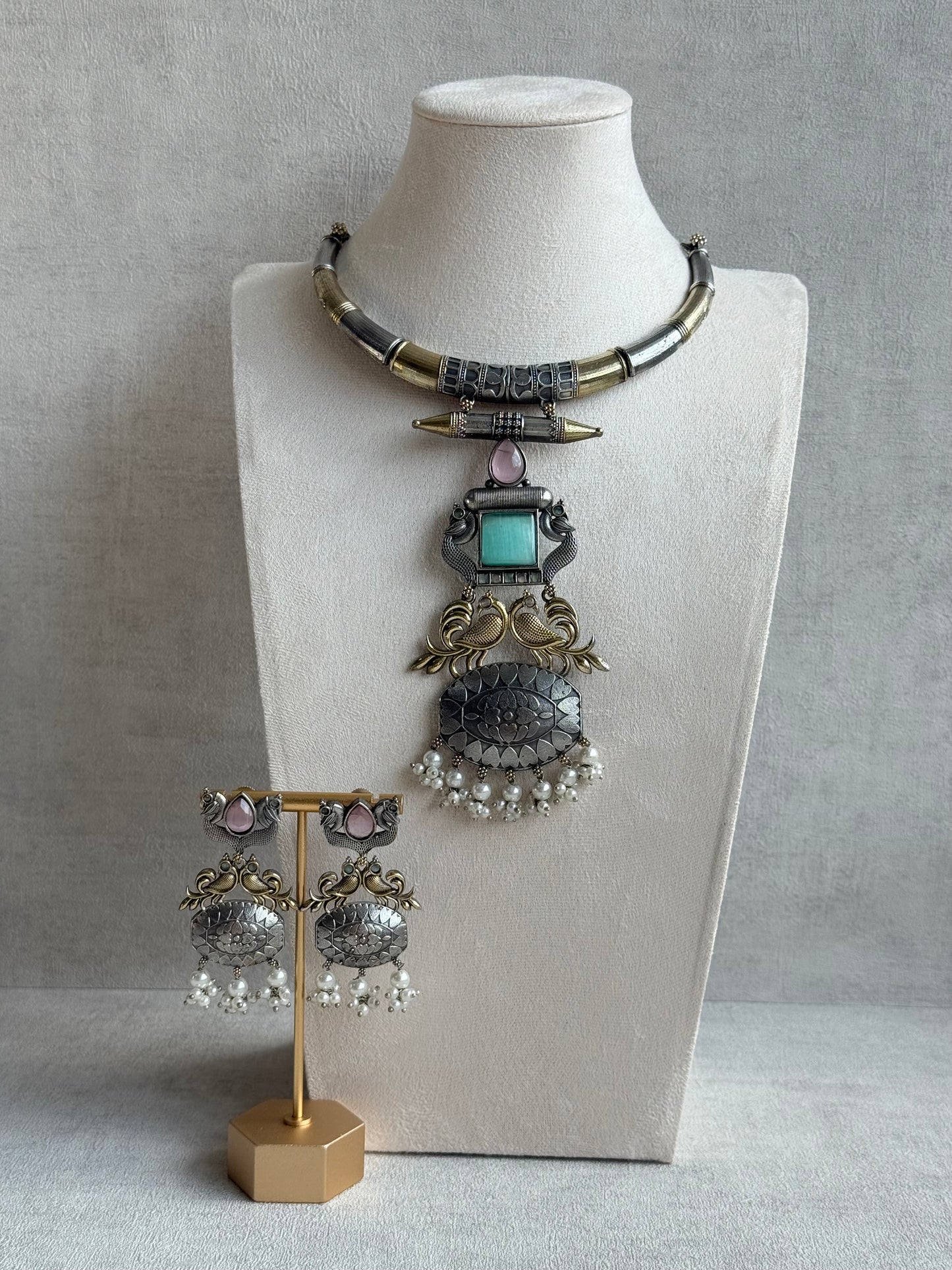 Ayura Designs Tansen Necklace Set with Earrings – Dual Tone Oxidised Necklace with Bird Motifs, Aqua Centre Stone & Pearl Detailing