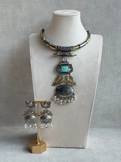 Ayura Designs Tansen Necklace Set with Earrings – Dual Tone Oxidised Necklace with Bird Motifs, Aqua Centre Stone & Pearl Detailing