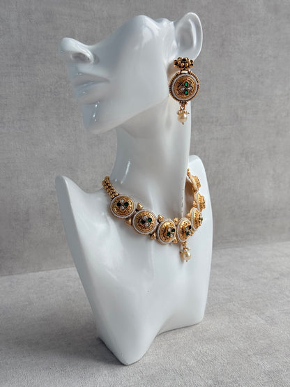 Ayura Designs Kaya Necklace Set with Earrings – Emerald Green Kundan Stones, Pearls & Antique Gold Finish