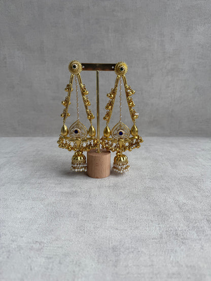 Ayura Designs Teja Earrings – Antique Gold Jhumkis with Blue Stone & Pearl Detailing