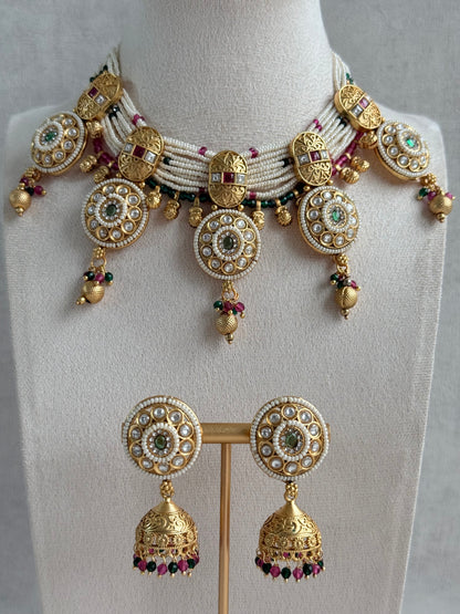 Ayura Designs Kesar Necklace Set with Jhumkis – Multi-Strand Pearl Design, Kundan, Rani Pink & Green Stones & Gold Finish