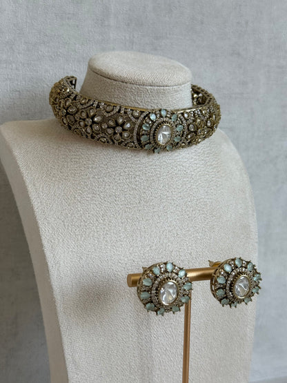 Ayura Designs Genevieve Choker Set with Studs – Mint Crystal Kundan in Antique Gold